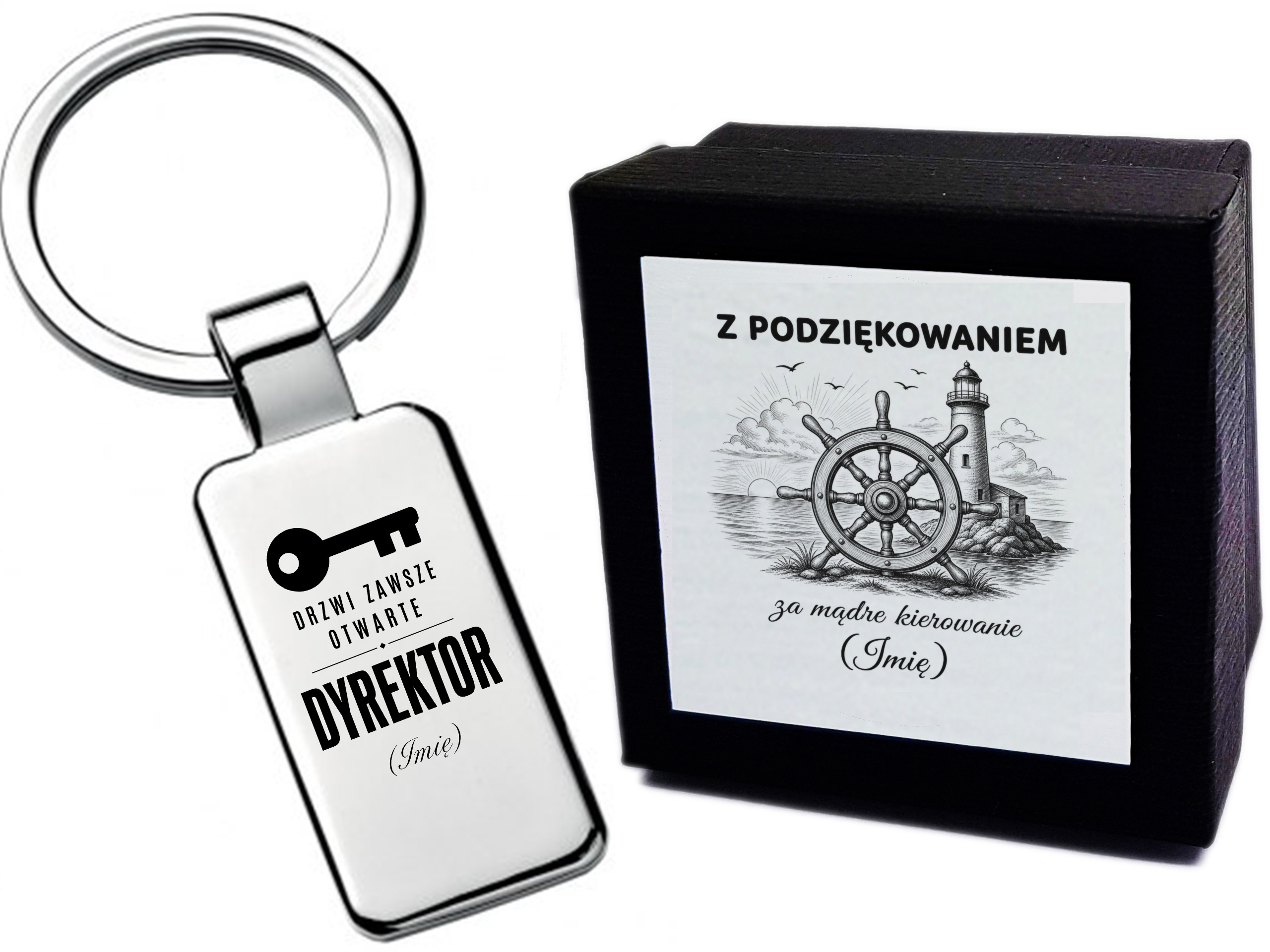 Brelok z grawerem Dyrektor – Drzwi zawsze otwarte – prezent dla profesjonalisty
