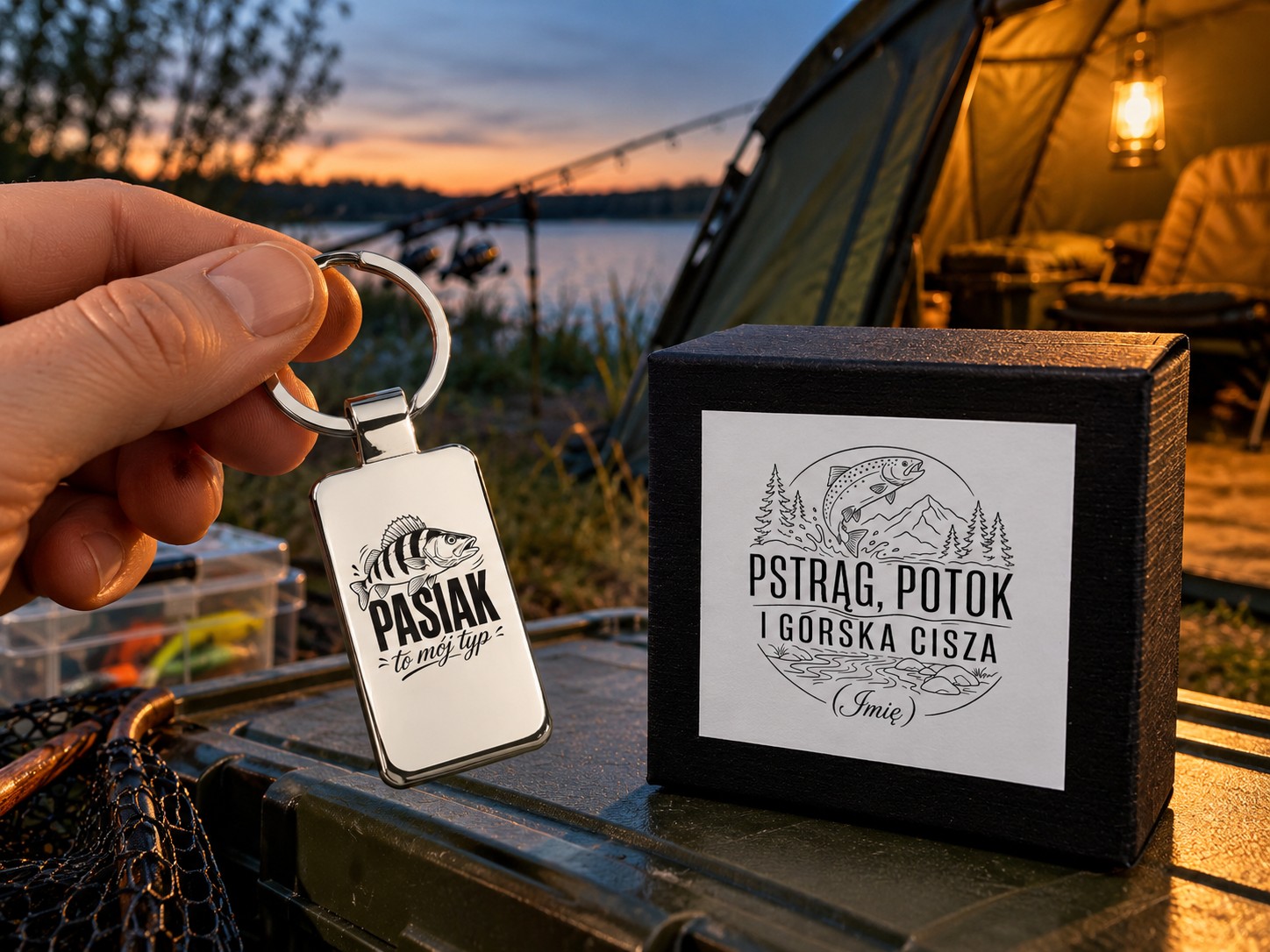 Brelok z grawerem Pasiak — to mój typ z etui – zielony namiot karpiowy na brzegu wieczorem