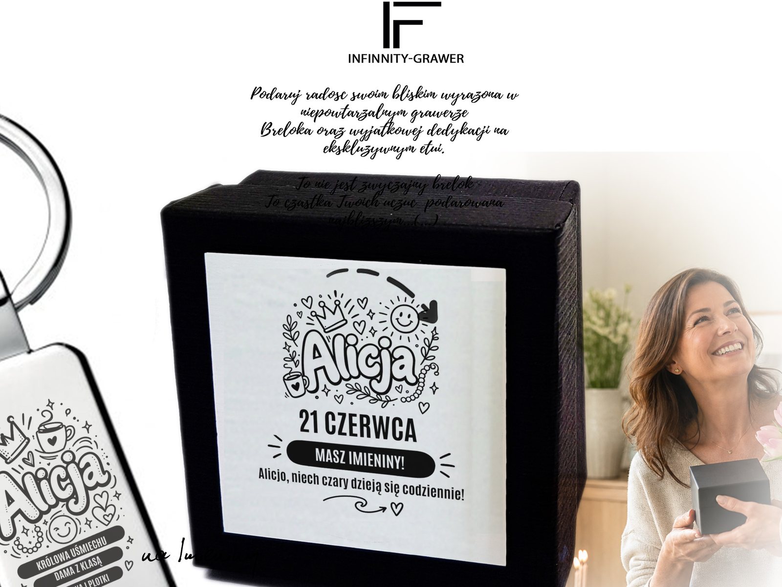Brelok z grawerem Alicja (zabawny) – prezent na imieniny – baner