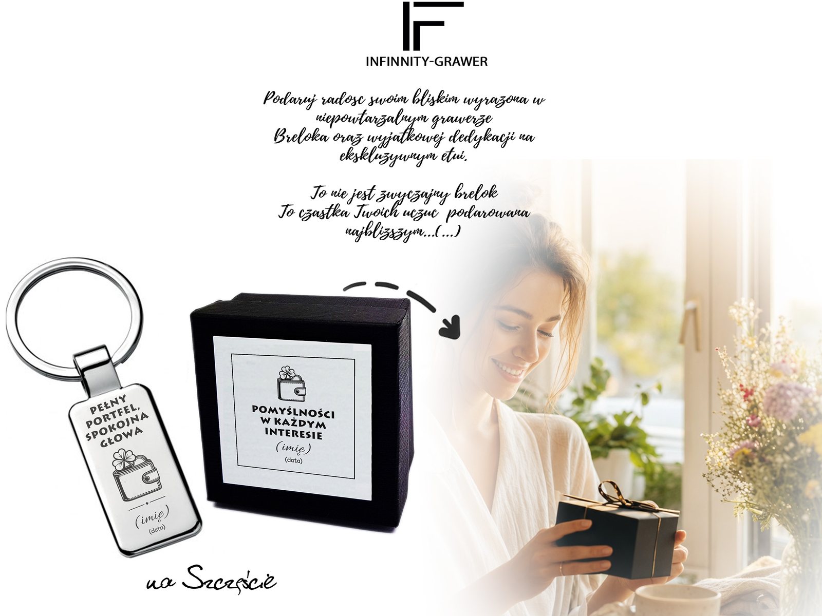 Brelok z grawerem Pełny portfel, spokojna głowa – prezent z afirmacją – baner