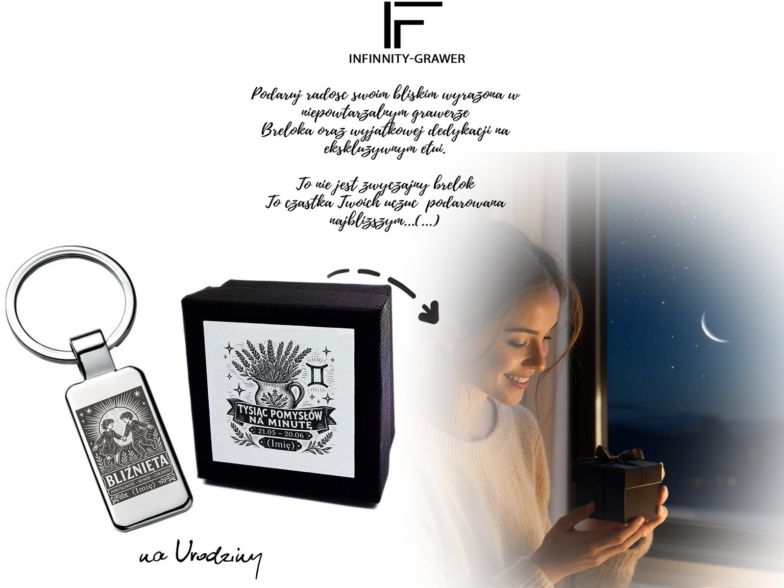 Brelok z grawerem Znak zodiaku Bliźnięta – linoryt – prezent ze znakiem zodiaku – baner