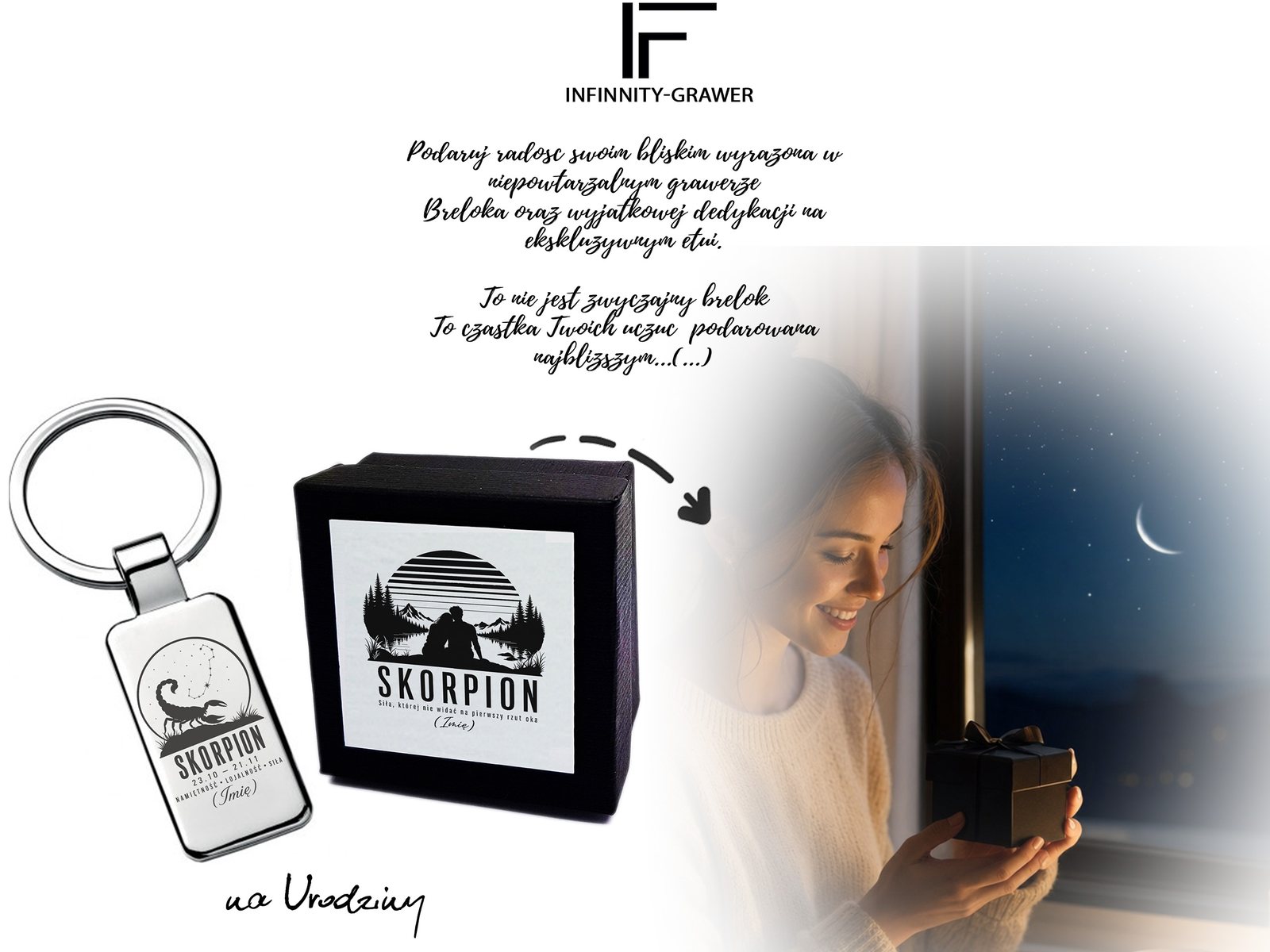 Brelok z grawerem Znak zodiaku Skorpion – sylwetka – prezent ze znakiem zodiaku – baner