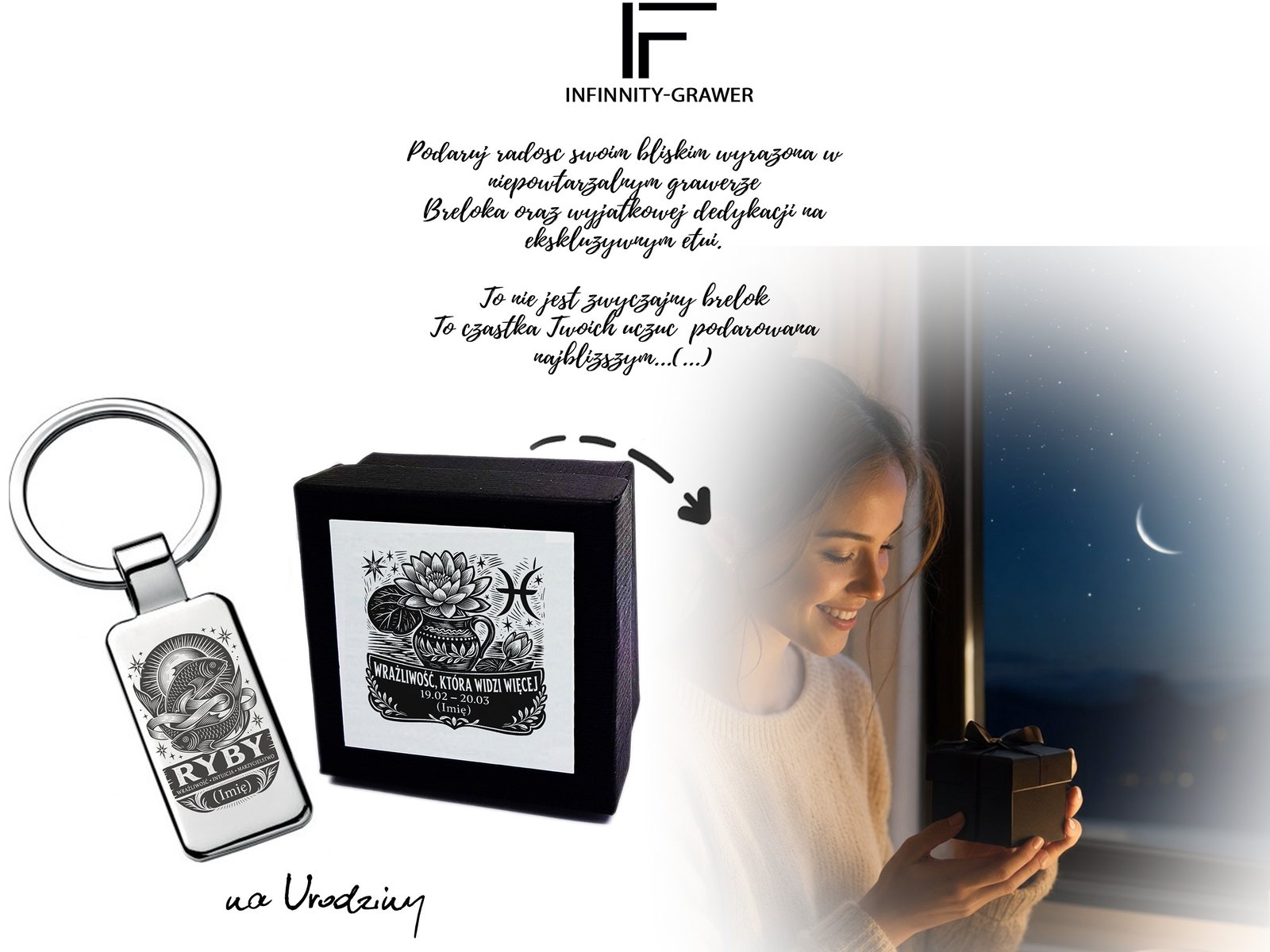 Brelok z grawerem Znak zodiaku Ryby – linoryt – prezent ze znakiem zodiaku – baner