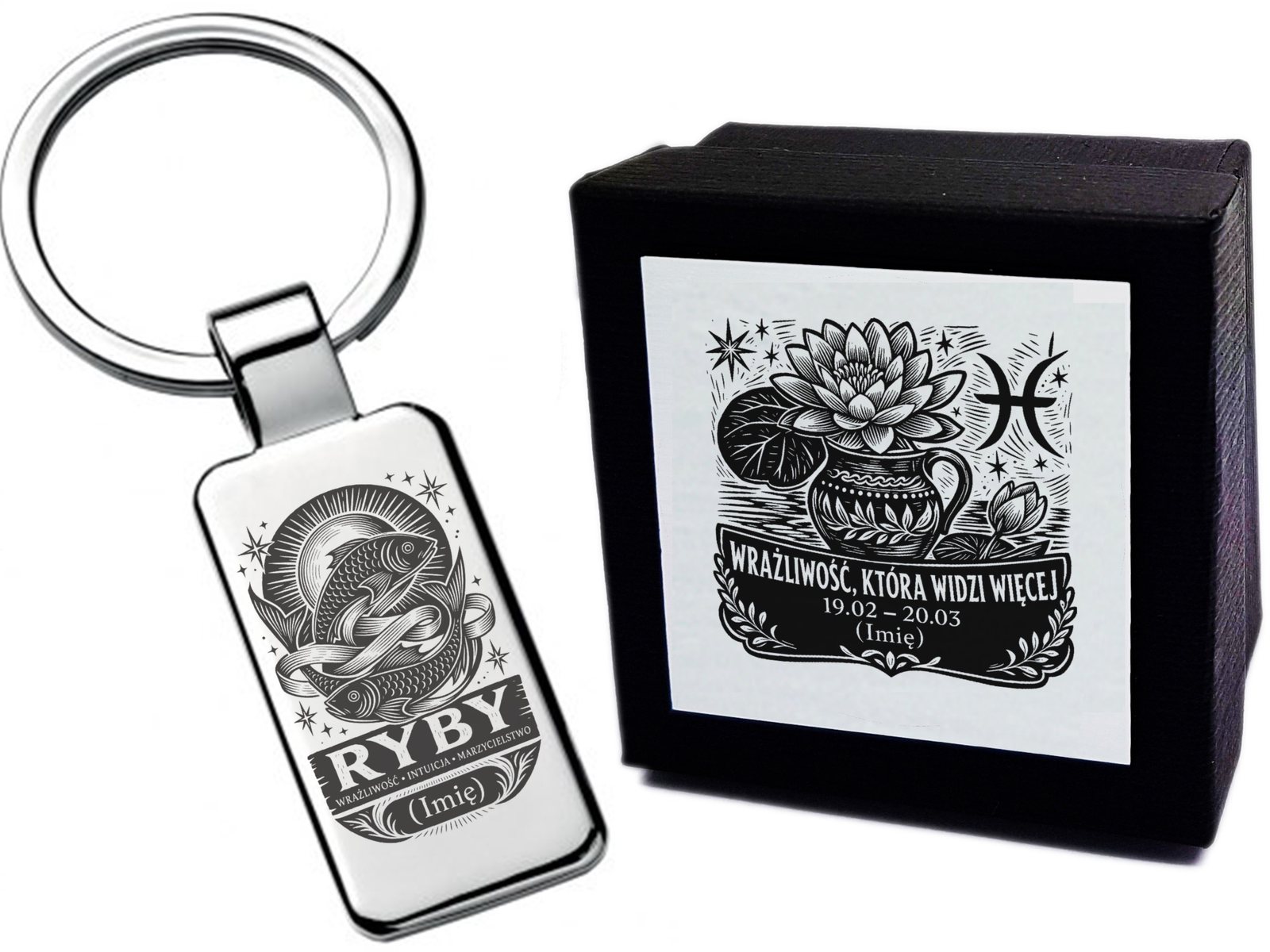 Brelok z grawerem Znak zodiaku Ryby – linoryt – prezent ze znakiem zodiaku