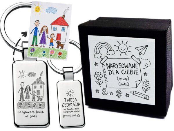 Personalizowany brelok z rysunkiem dziecka dla rodziny – grawer, dedykacja + etui