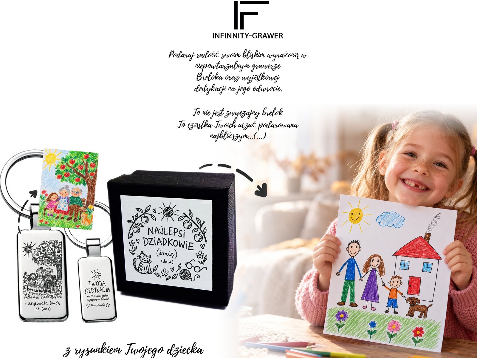Personalizowany brelok z rysunkiem dziecka dla dziadków – grawer, dedykacja + etui – baner
