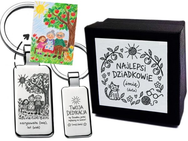 Personalizowany brelok z rysunkiem dziecka dla dziadków – grawer, dedykacja + etui
