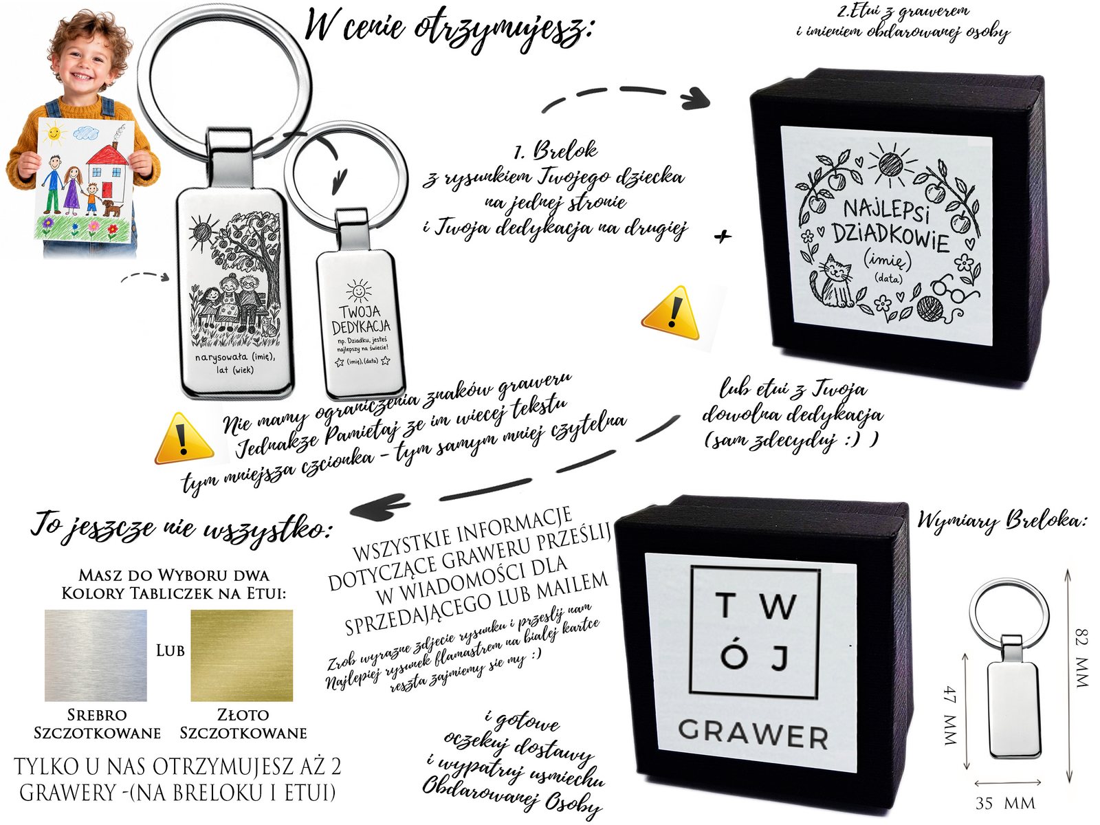 Personalizowany brelok z rysunkiem dziecka dla dziadków – grawer, dedykacja + etui – opis