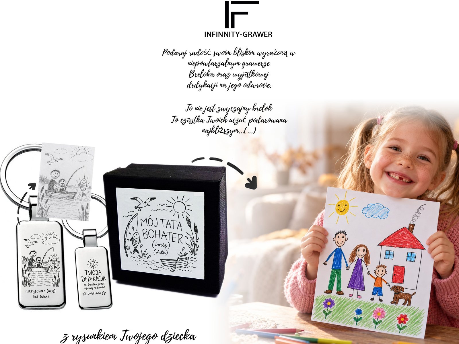 Personalizowany brelok z rysunkiem dziecka dla taty wędkarza – grawer, dedykacja + etui – baner