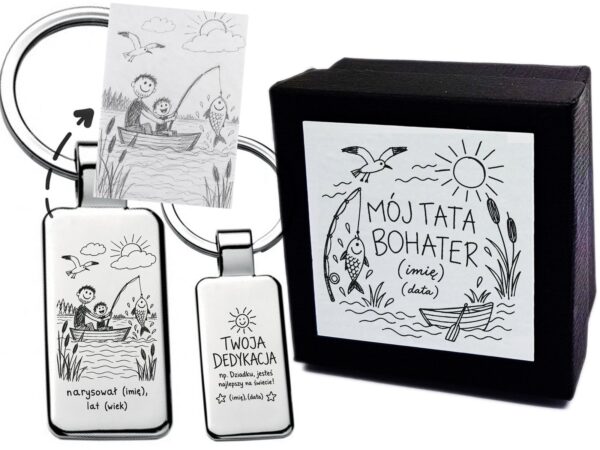 Personalizowany brelok z rysunkiem dziecka dla taty wędkarza – grawer, dedykacja + etui