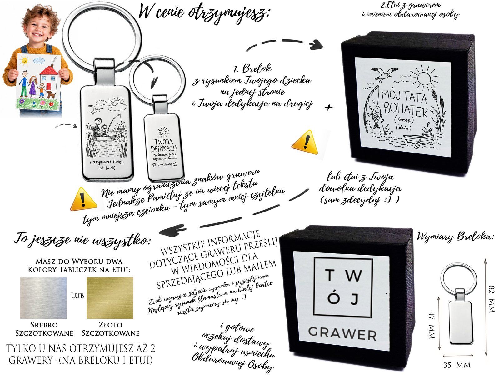 Personalizowany brelok z rysunkiem dziecka dla taty wędkarza – grawer, dedykacja + etui – opis