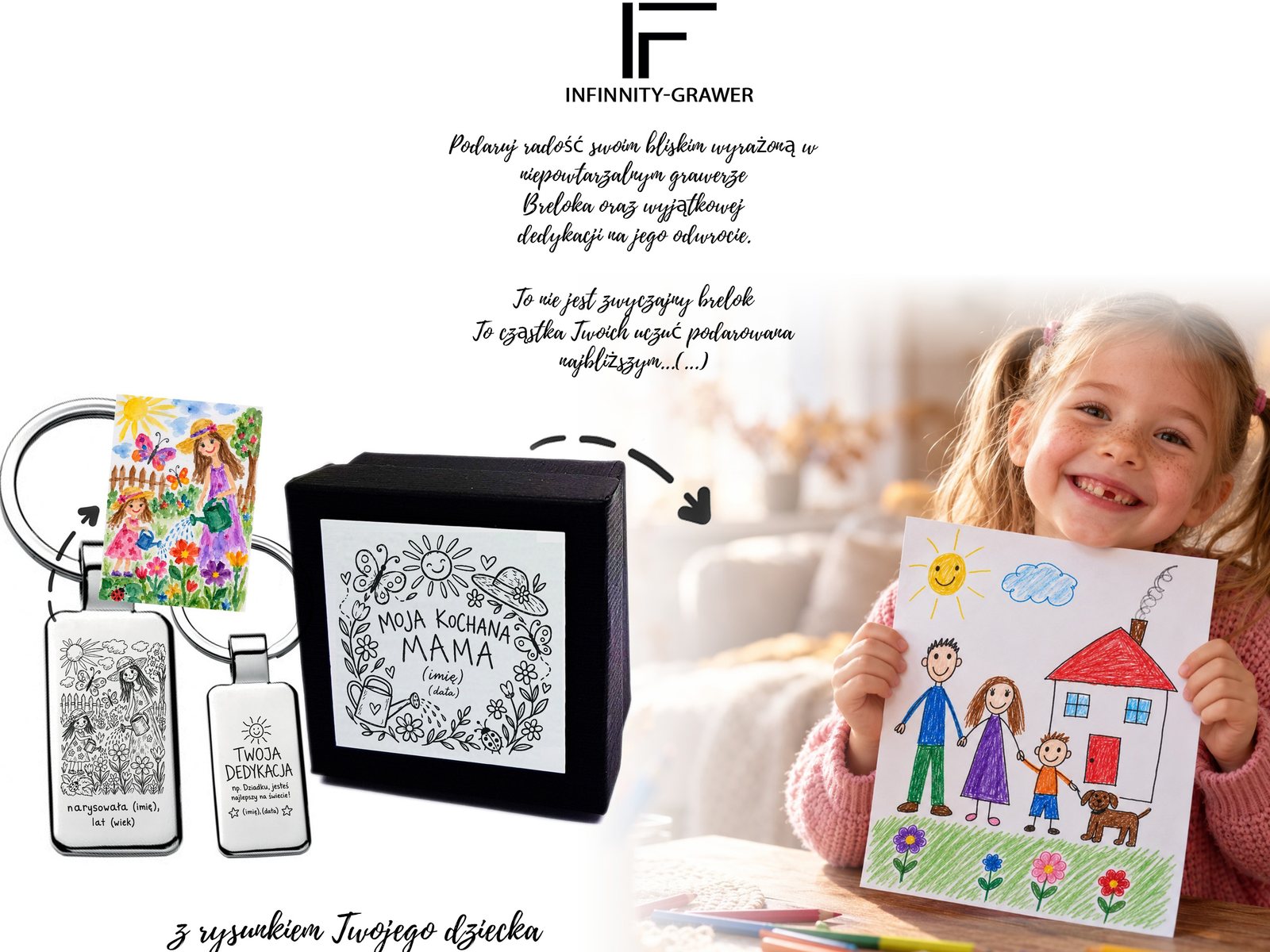 Personalizowany brelok z rysunkiem dziecka dla mamy – grawer, dedykacja + etui – baner