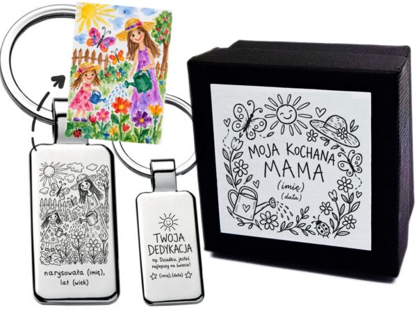 Personalizowany brelok z rysunkiem dziecka dla mamy – grawer, dedykacja + etui