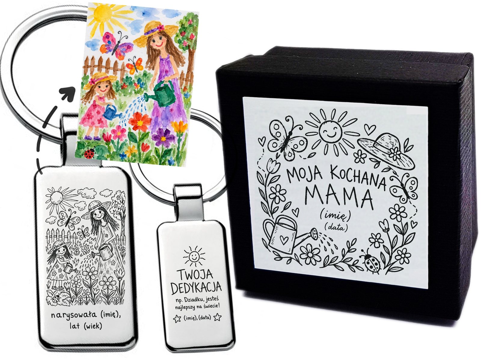 Personalizowany brelok z rysunkiem dziecka dla mamy – grawer, dedykacja + etui