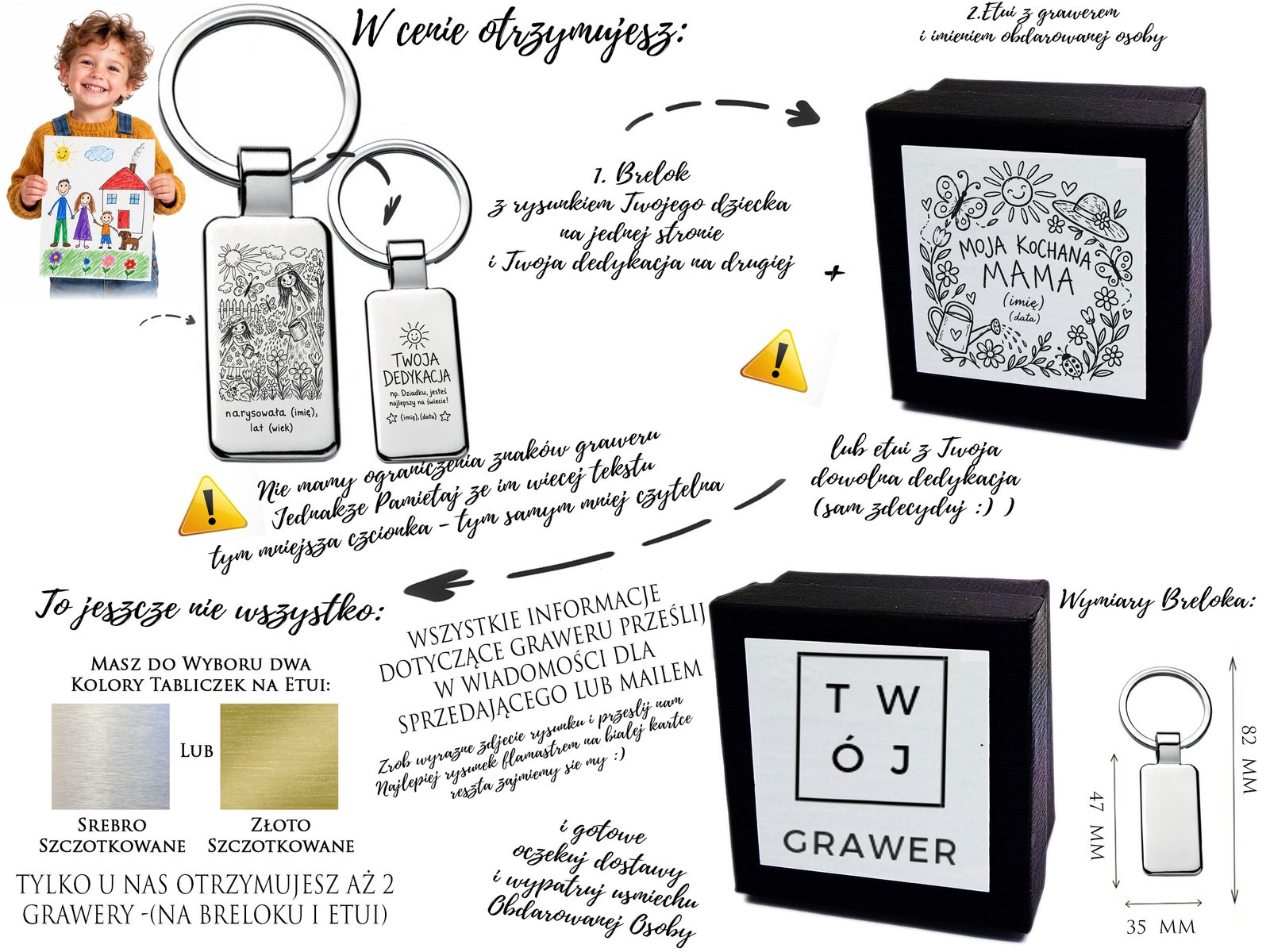 Personalizowany brelok z rysunkiem dziecka dla mamy – grawer, dedykacja + etui – opis