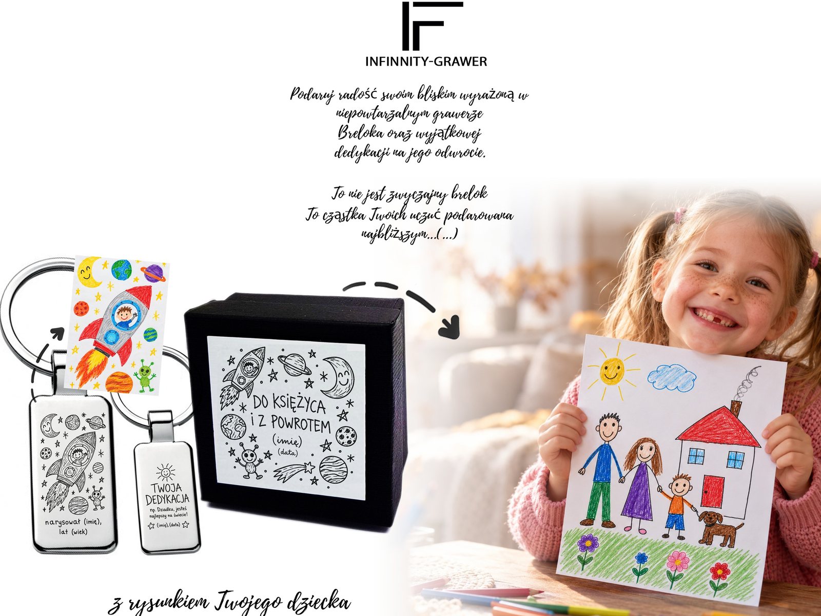 Personalizowany brelok z rysunkiem dziecka z rakietą – grawer, dedykacja + etui – baner