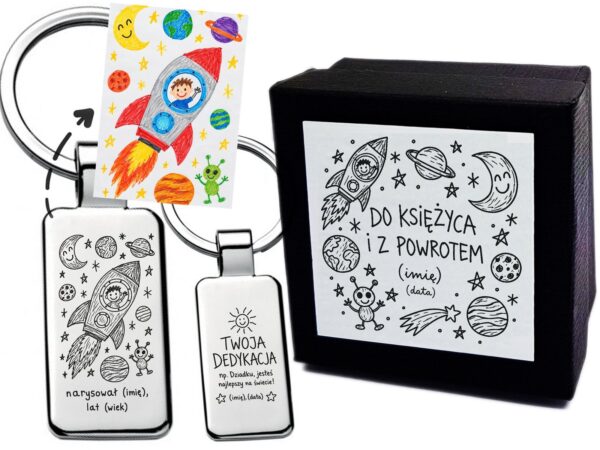 Personalizowany brelok z rysunkiem dziecka z rakietą – grawer, dedykacja + etui