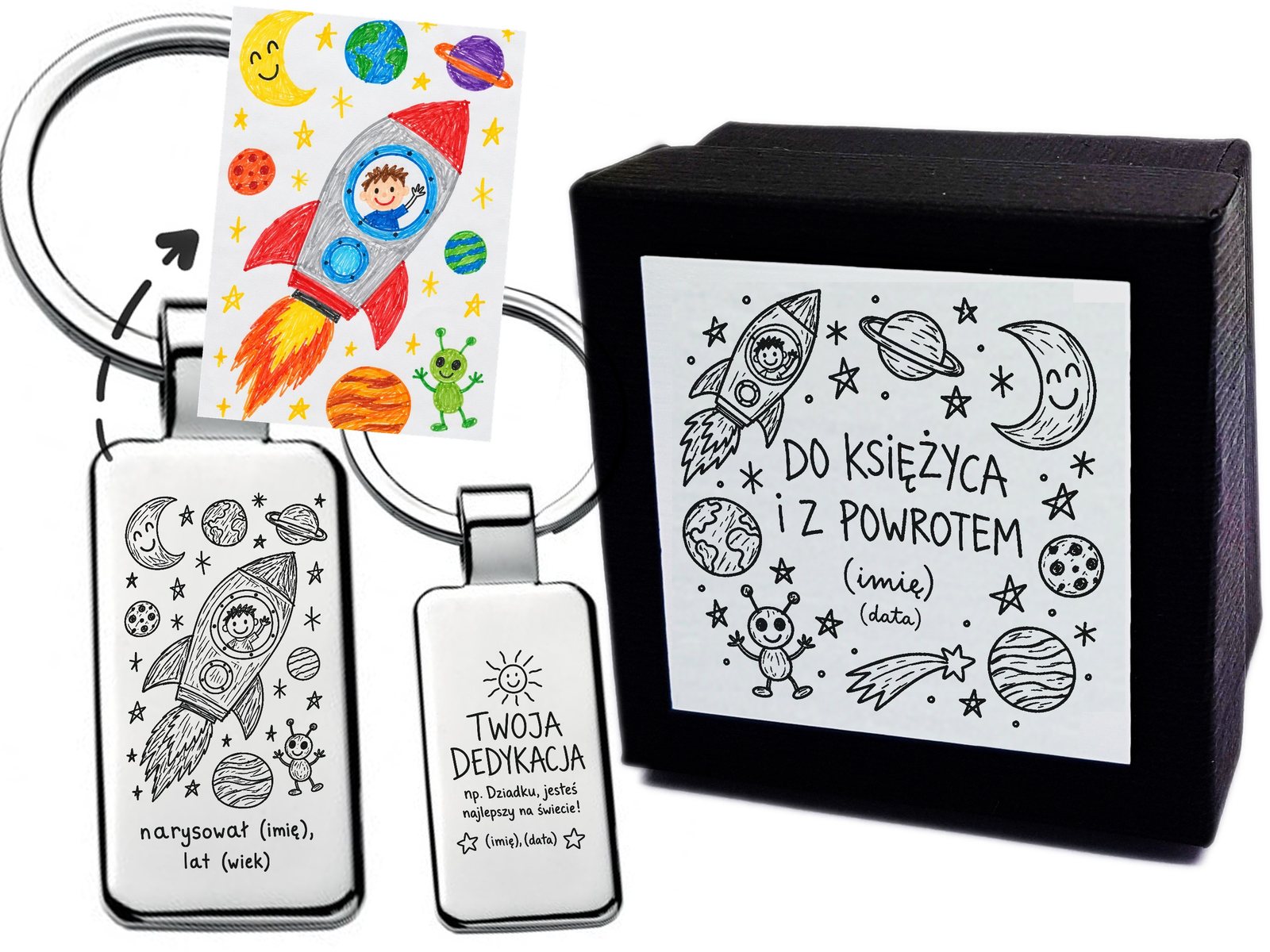 Personalizowany brelok z rysunkiem dziecka z rakietą – grawer, dedykacja + etui