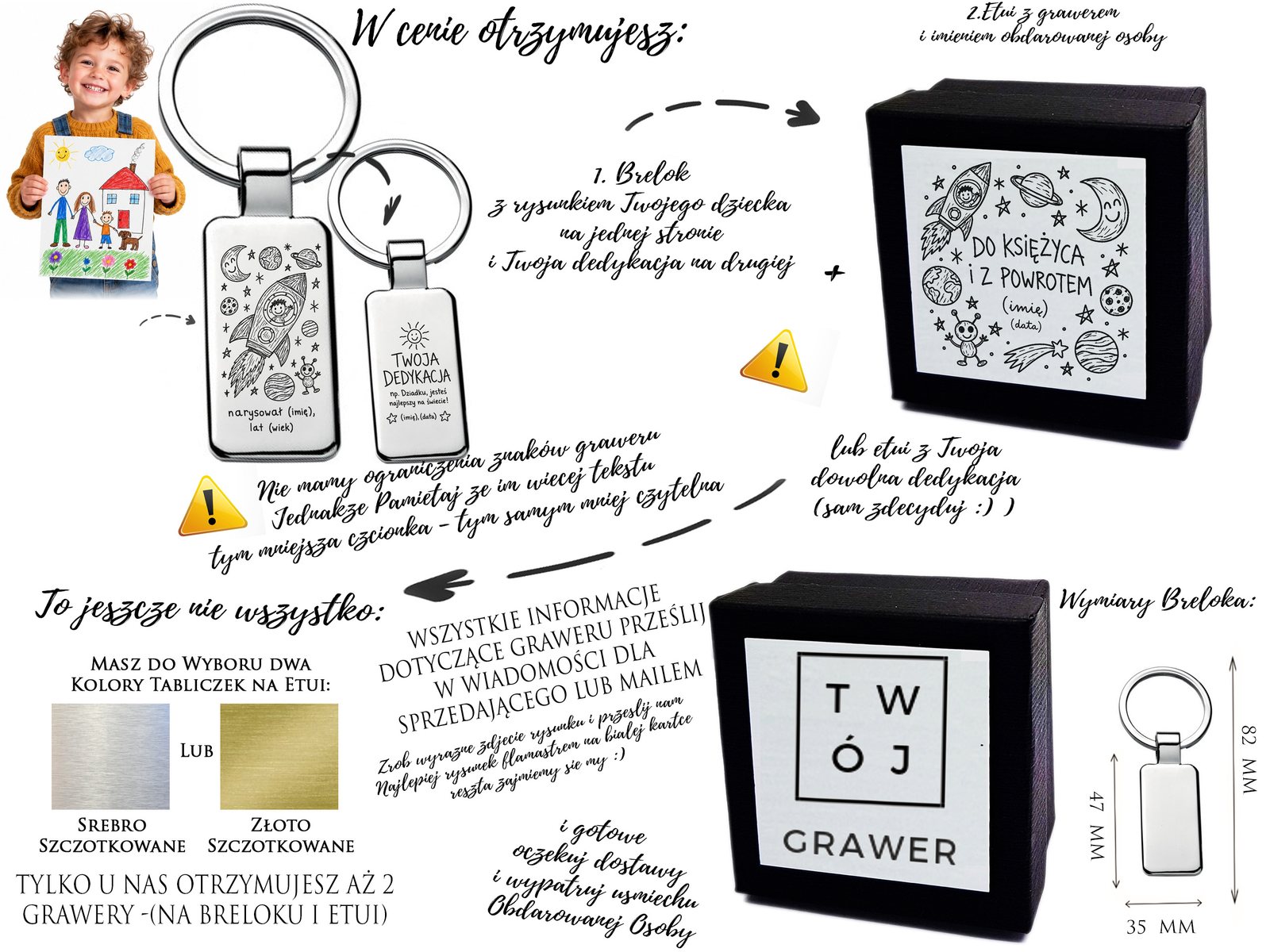 Personalizowany brelok z rysunkiem dziecka z rakietą – grawer, dedykacja + etui – opis