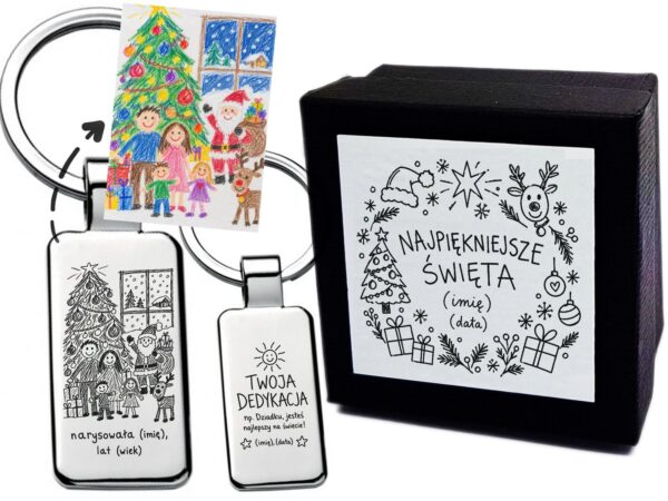 Personalizowany brelok z rysunkiem dziecka na Święta – grawer, dedykacja + etui