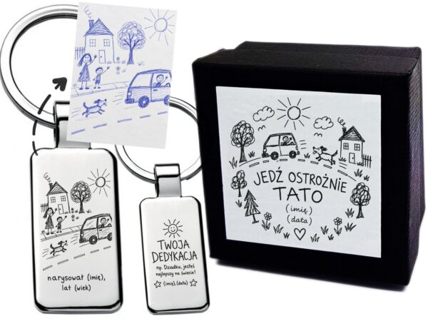 Personalizowany brelok z rysunkiem dziecka dla taty kierowcy – grawer, dedykacja + etui