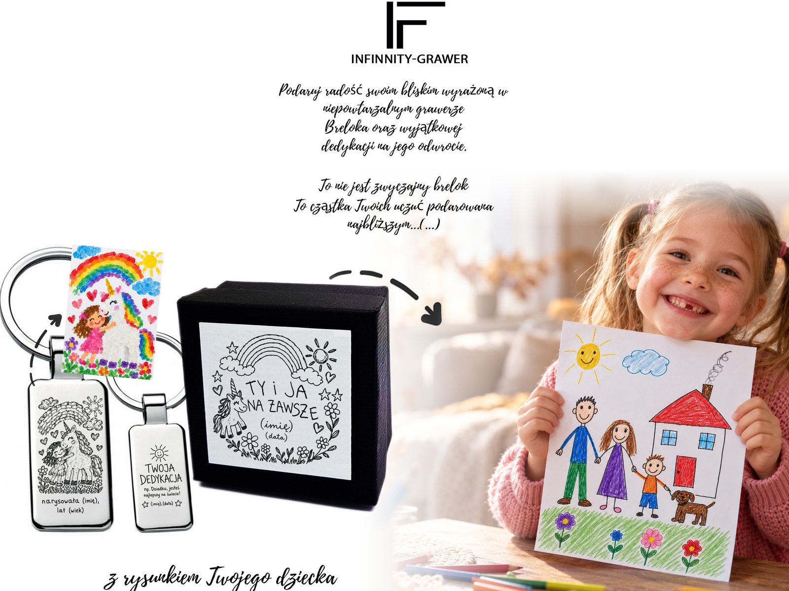 Personalizowany brelok z rysunkiem dziecka z jednorożcem – grawer, dedykacja + etui – baner