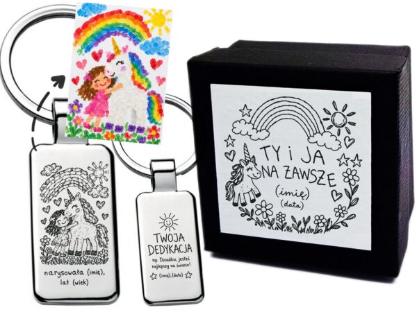 Personalizowany brelok z rysunkiem dziecka z jednorożcem – grawer, dedykacja + etui