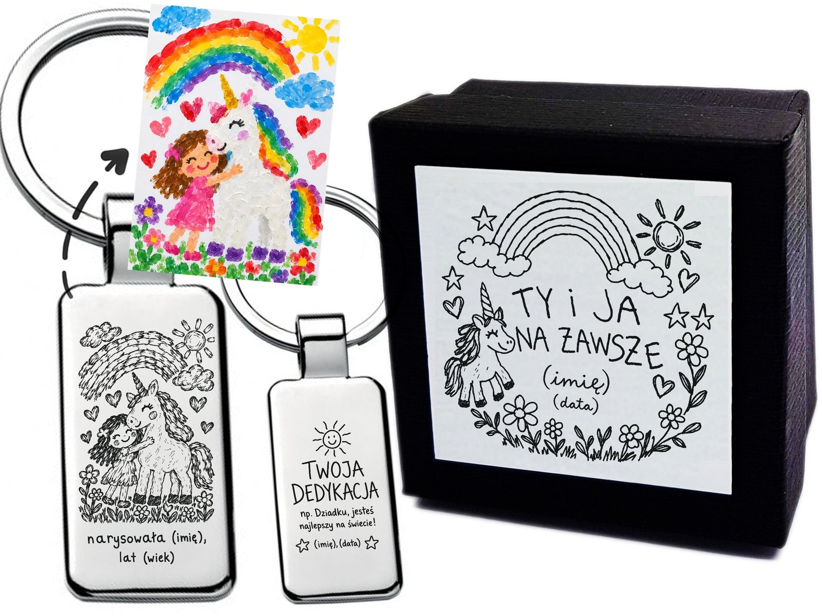 Personalizowany brelok z rysunkiem dziecka z jednorożcem – grawer, dedykacja + etui