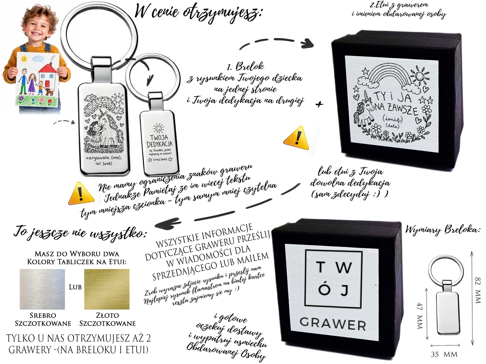 Personalizowany brelok z rysunkiem dziecka z jednorożcem – grawer, dedykacja + etui – opis