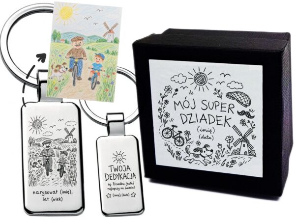 Personalizowany brelok z rysunkiem dziecka dla dziadka – grawer, dedykacja + etui