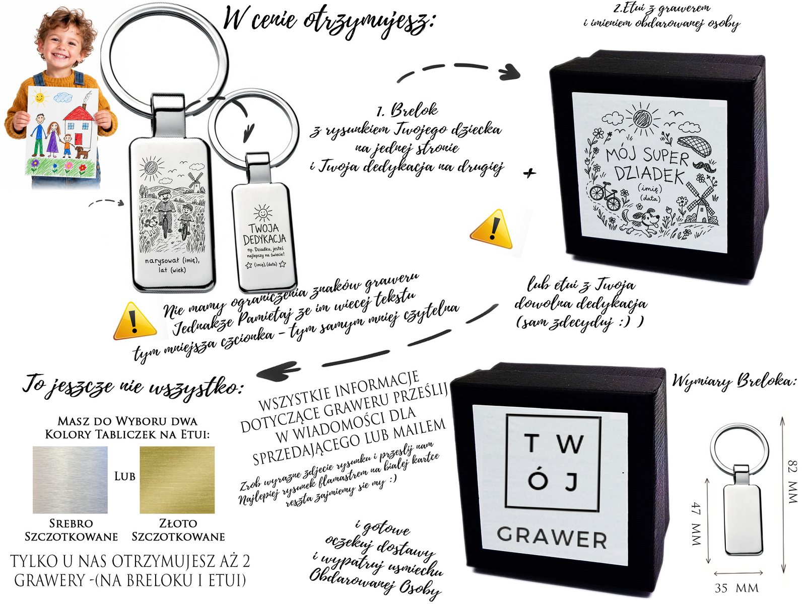 Personalizowany brelok z rysunkiem dziecka dla dziadka – grawer, dedykacja + etui – opis