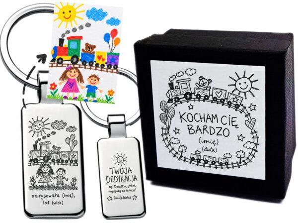 Personalizowany brelok z rysunkiem dziecka dla rodzeństwa – grawer, dedykacja + etui