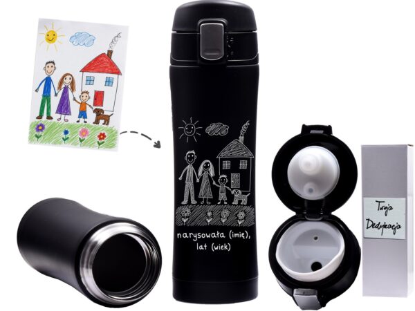 Personalizowany kubek termiczny z rysunkiem dziecka dla rodziny – grawer + pudełko