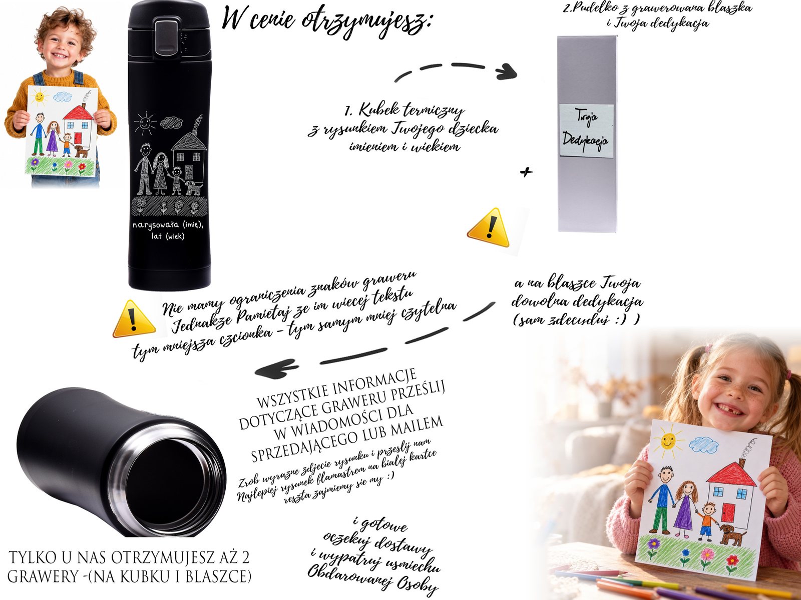 Personalizowany kubek termiczny z rysunkiem dziecka dla rodziny – grawer + pudełko – opis