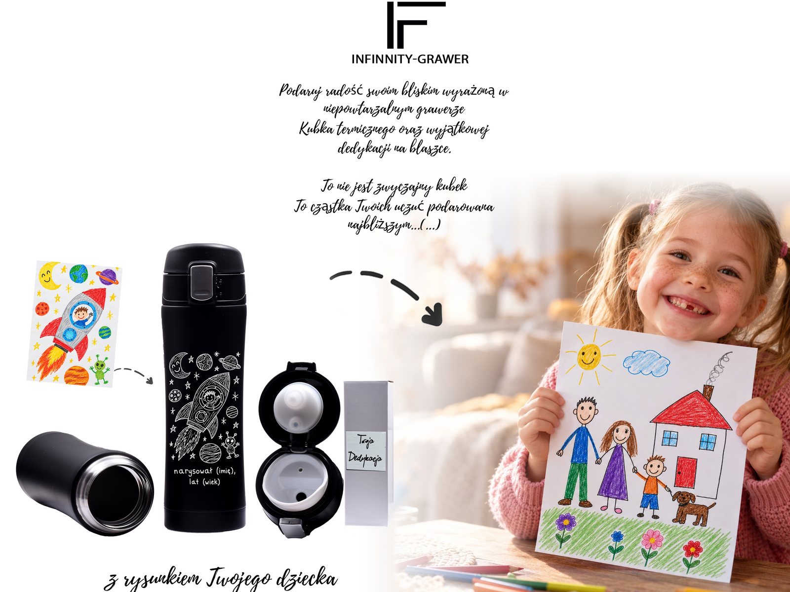 Personalizowany kubek termiczny z rysunkiem dziecka z rakietą – grawer + pudełko – baner