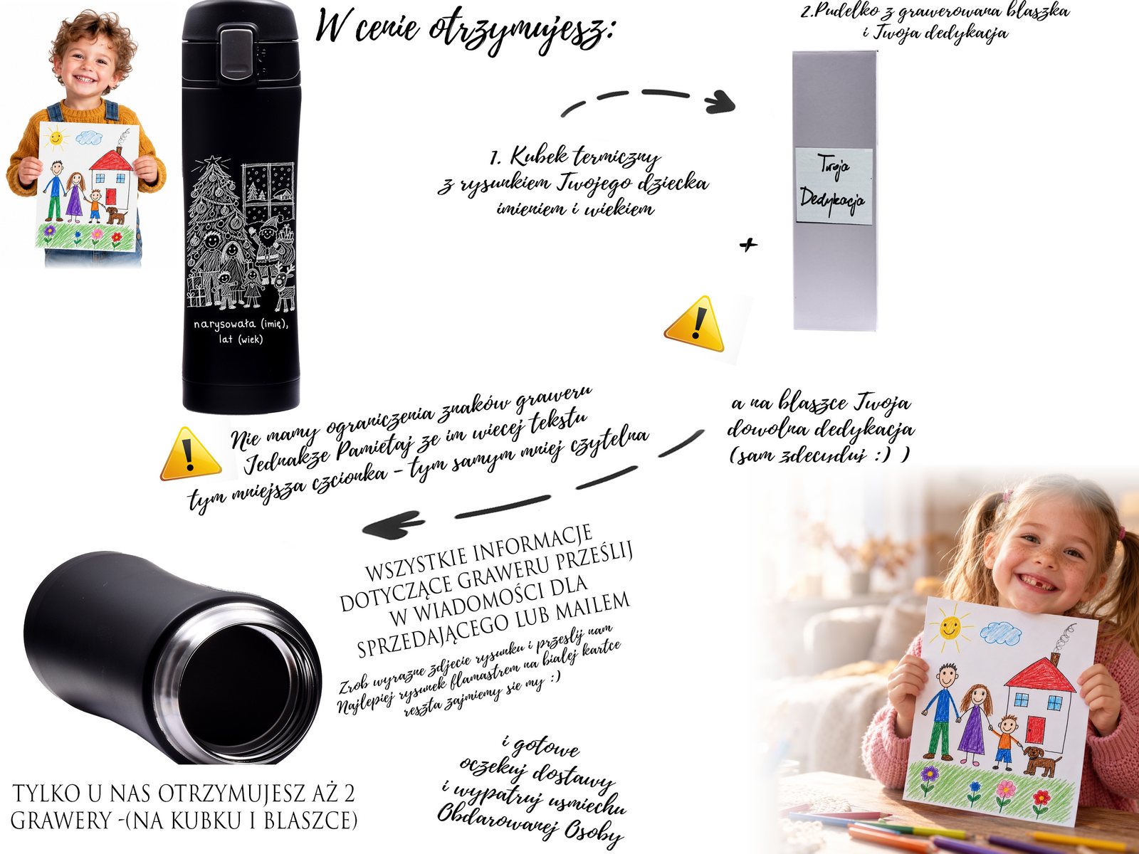 Personalizowany kubek termiczny z rysunkiem dziecka na Święta – grawer + pudełko – opis