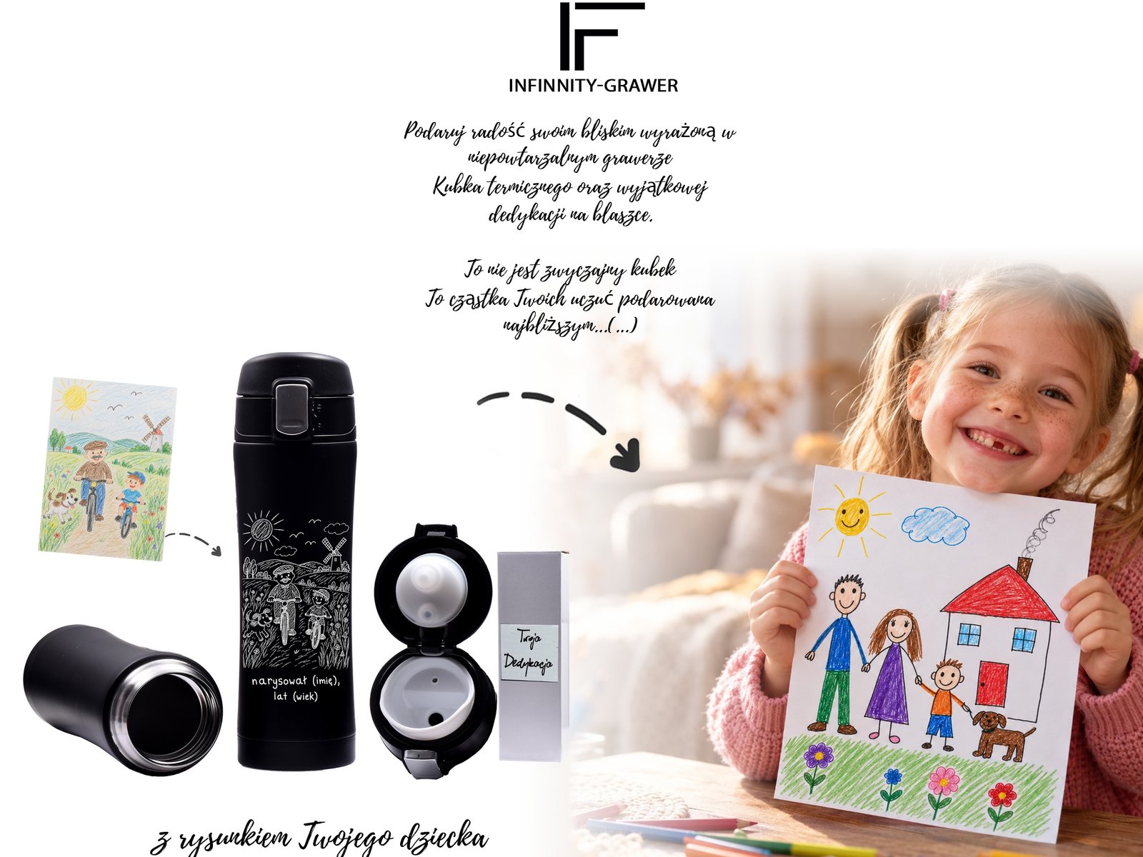 Personalizowany kubek termiczny z rysunkiem dziecka dla dziadka – grawer + pudełko – baner