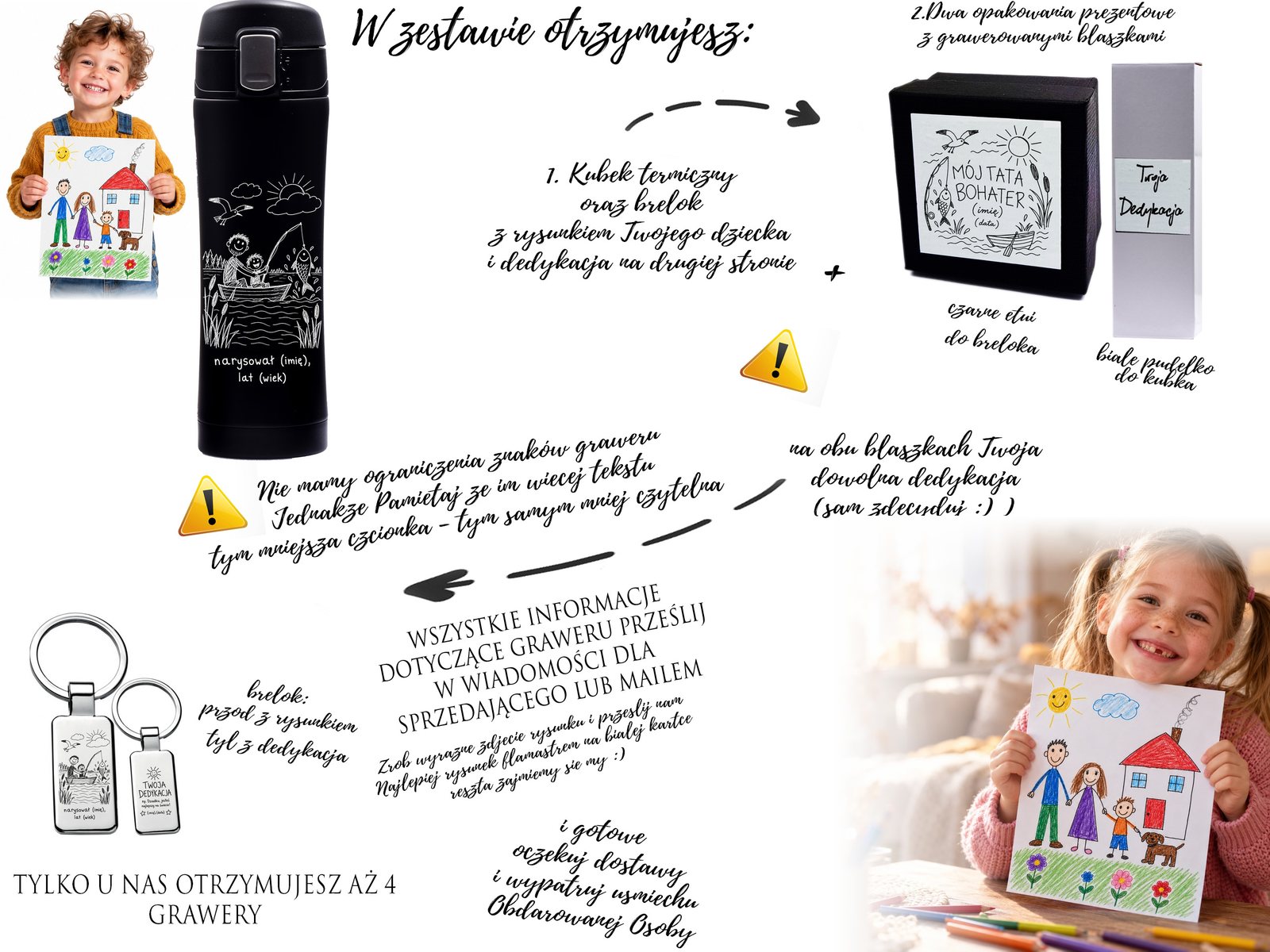 Zestaw prezentowy: brelok i kubek z rysunkiem dziecka dla taty wędkarza – grawer – opis