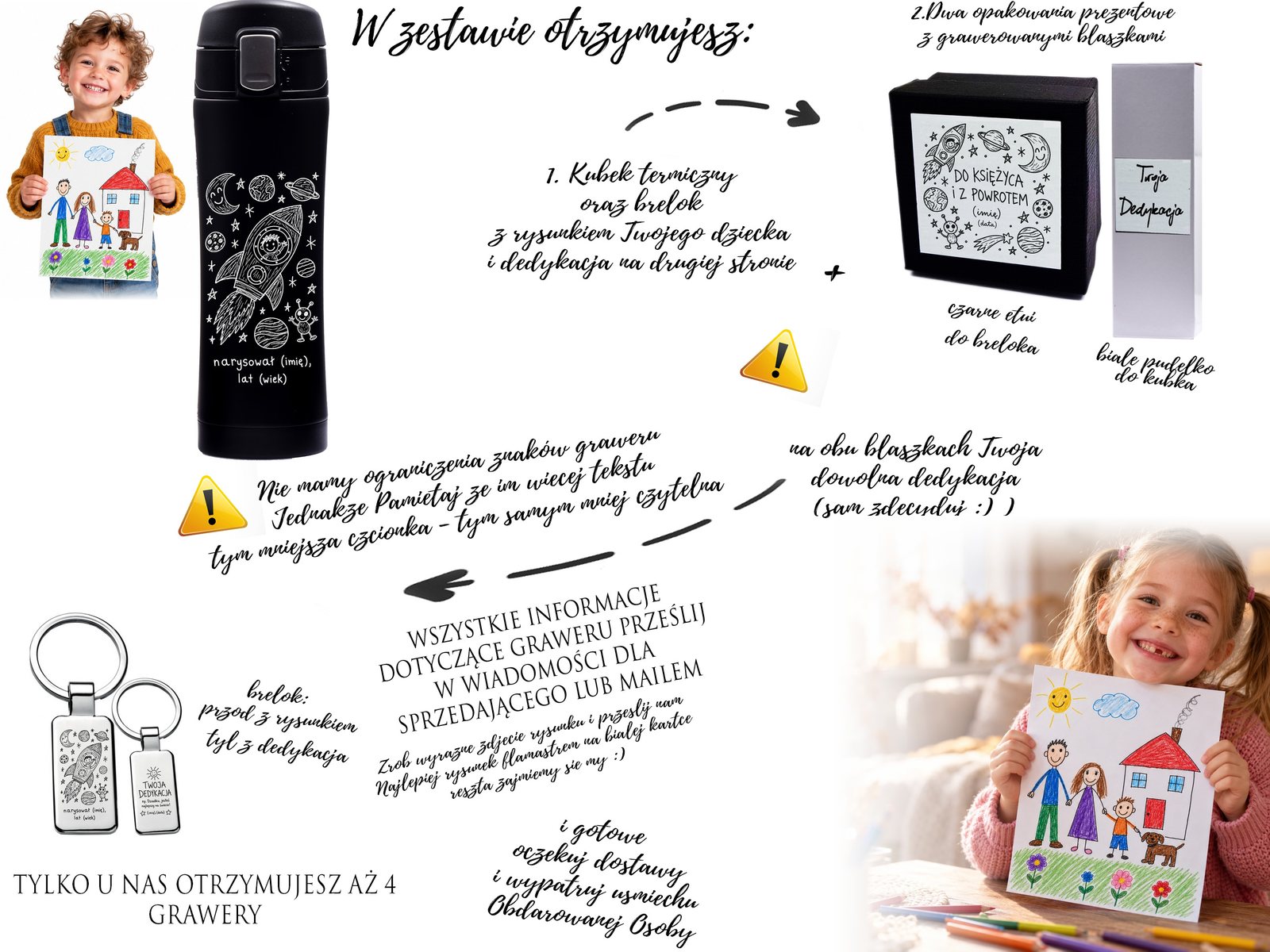 Zestaw prezentowy: brelok i kubek z rysunkiem dziecka z rakietą – grawer – opis