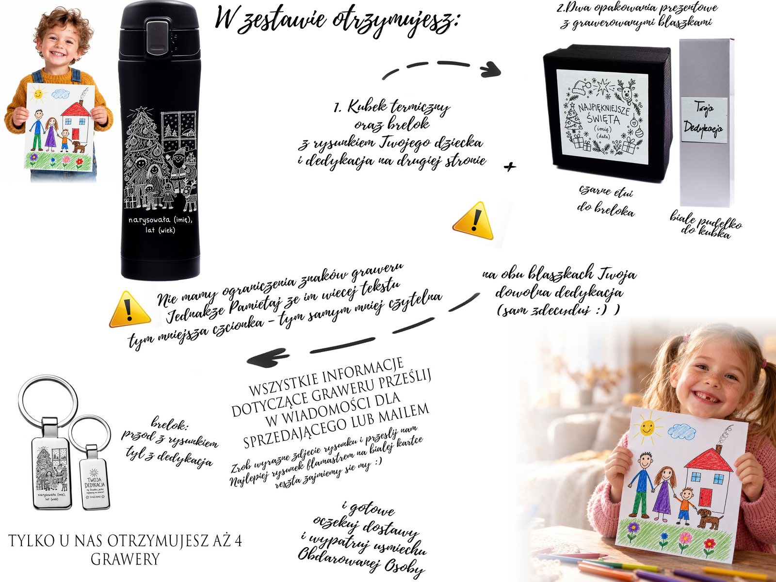 Zestaw prezentowy: brelok i kubek z rysunkiem dziecka na Święta – grawer – opis