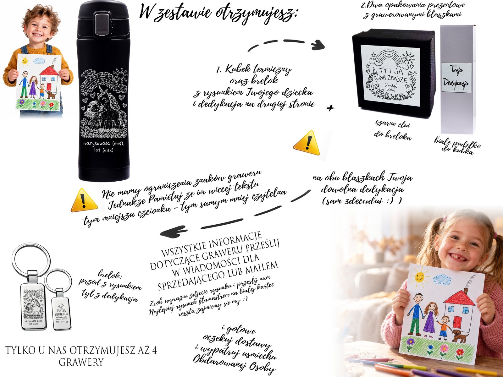 Zestaw prezentowy: brelok i kubek z rysunkiem dziecka z jednorożcem – grawer – opis