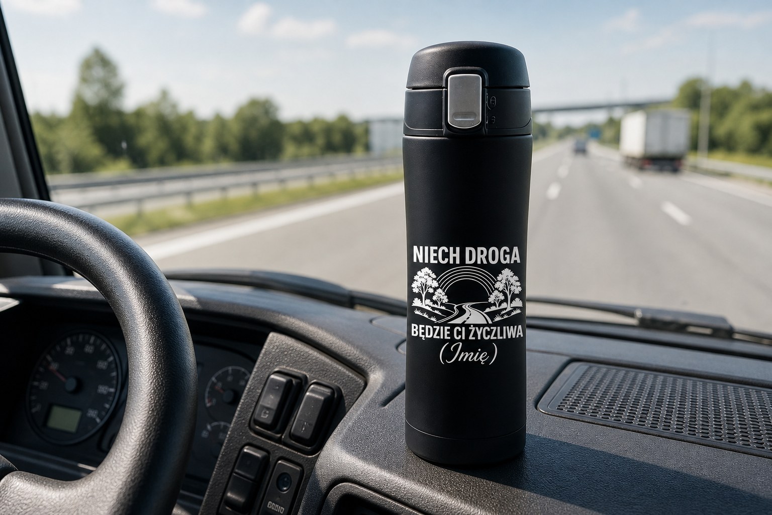 Kubek termiczny z grawerem dla kierowcy – zdjęcie lifestyle