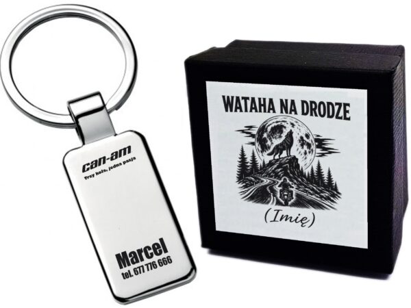 Brelok Can-Am z grawerem „Trzy koła, jedna pasja”, imieniem i telefonem w etui – prezent dla motocyklisty