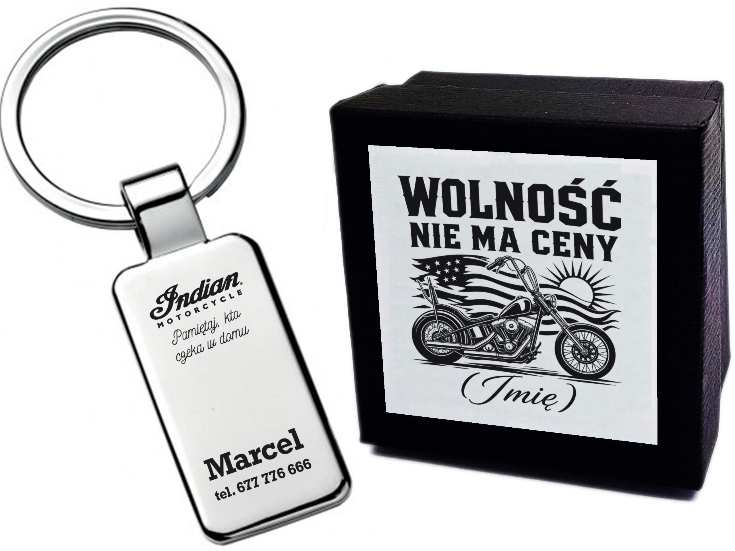 Brelok Indian z grawerem „Pamiętaj, kto czeka w domu”, imieniem i telefonem w etui – prezent dla motocyklisty
