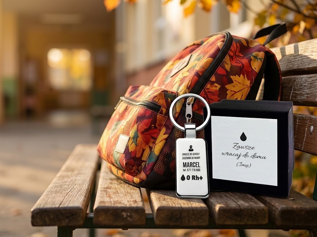 Zawieszka do Plecaka z Grupą Krwi – Chodzę do szkoły, zadzwoń do Mamy – zdjęcie lifestyle