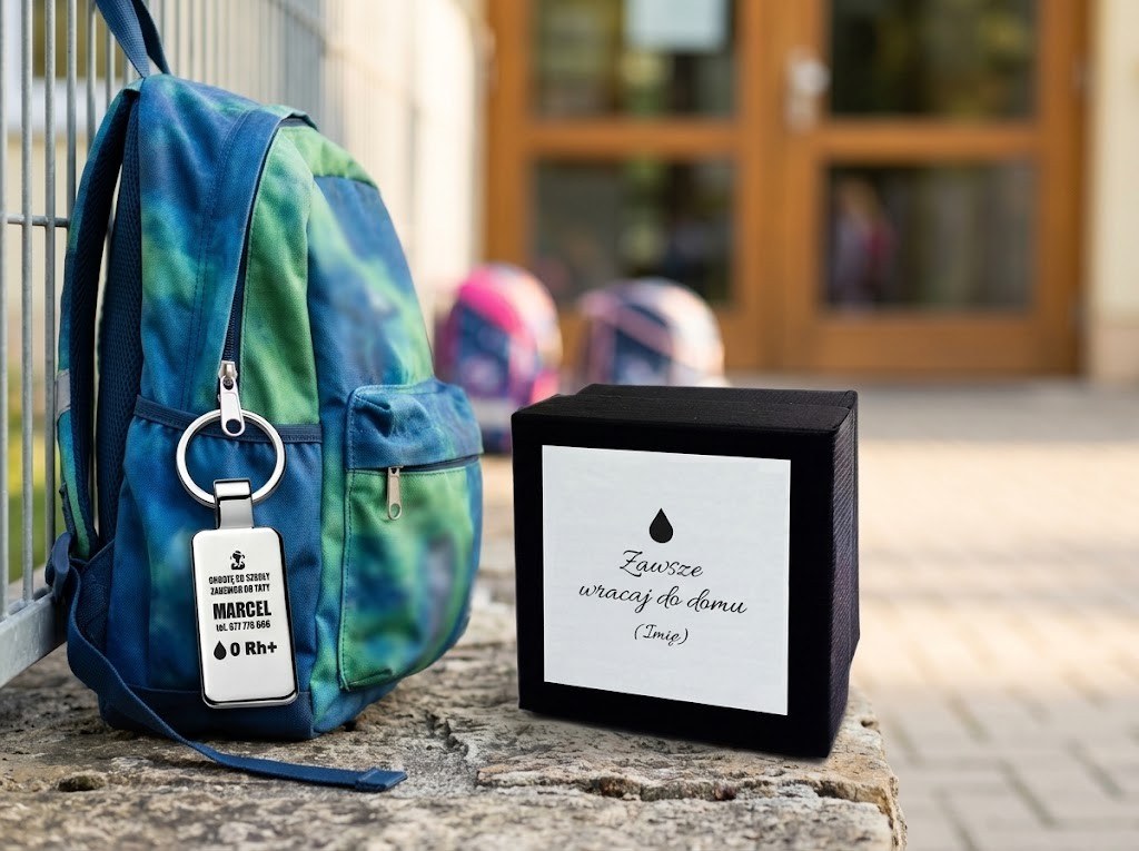 Zawieszka do Plecaka z Grupą Krwi – Chodzę do szkoły, zadzwoń do Taty – zdjęcie lifestyle