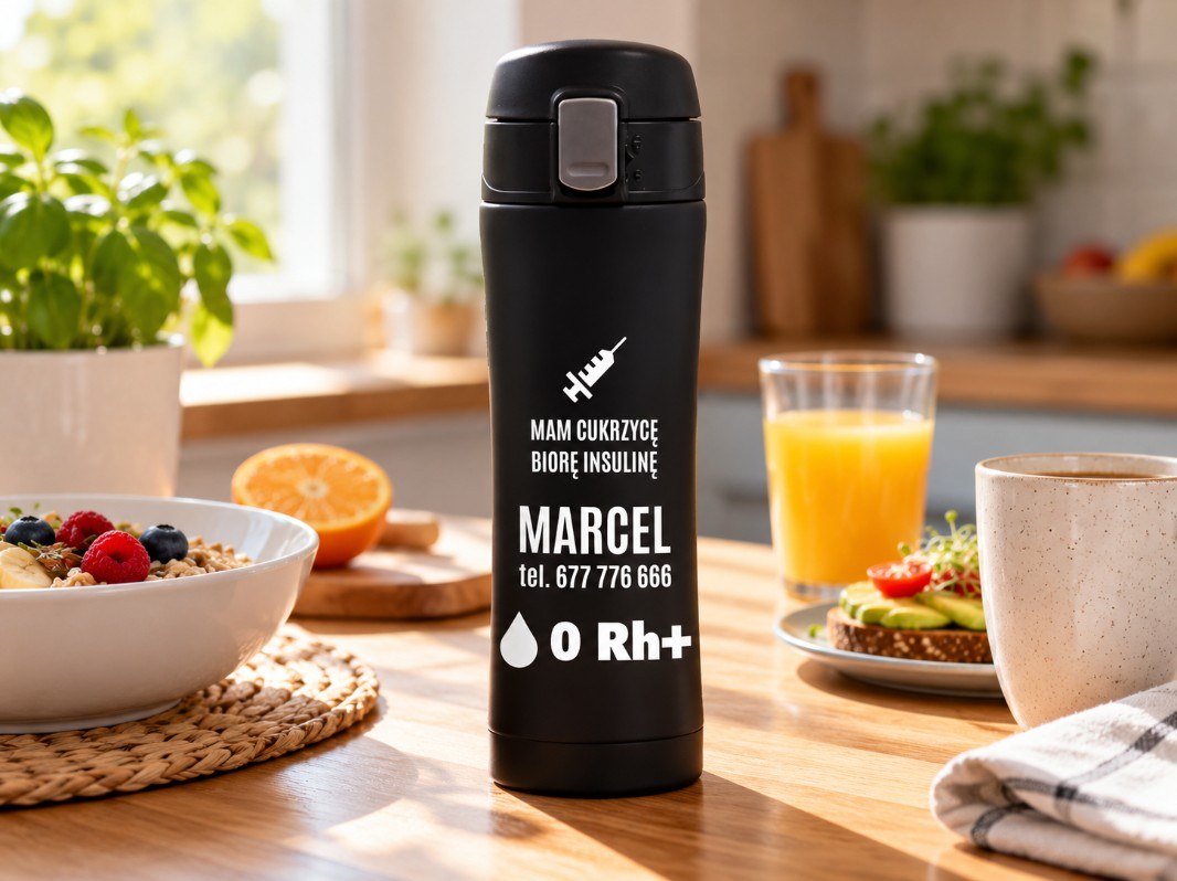 Kubek Termiczny z Grupą Krwi – Mam cukrzycę, biorę insulinę – zdjęcie lifestyle