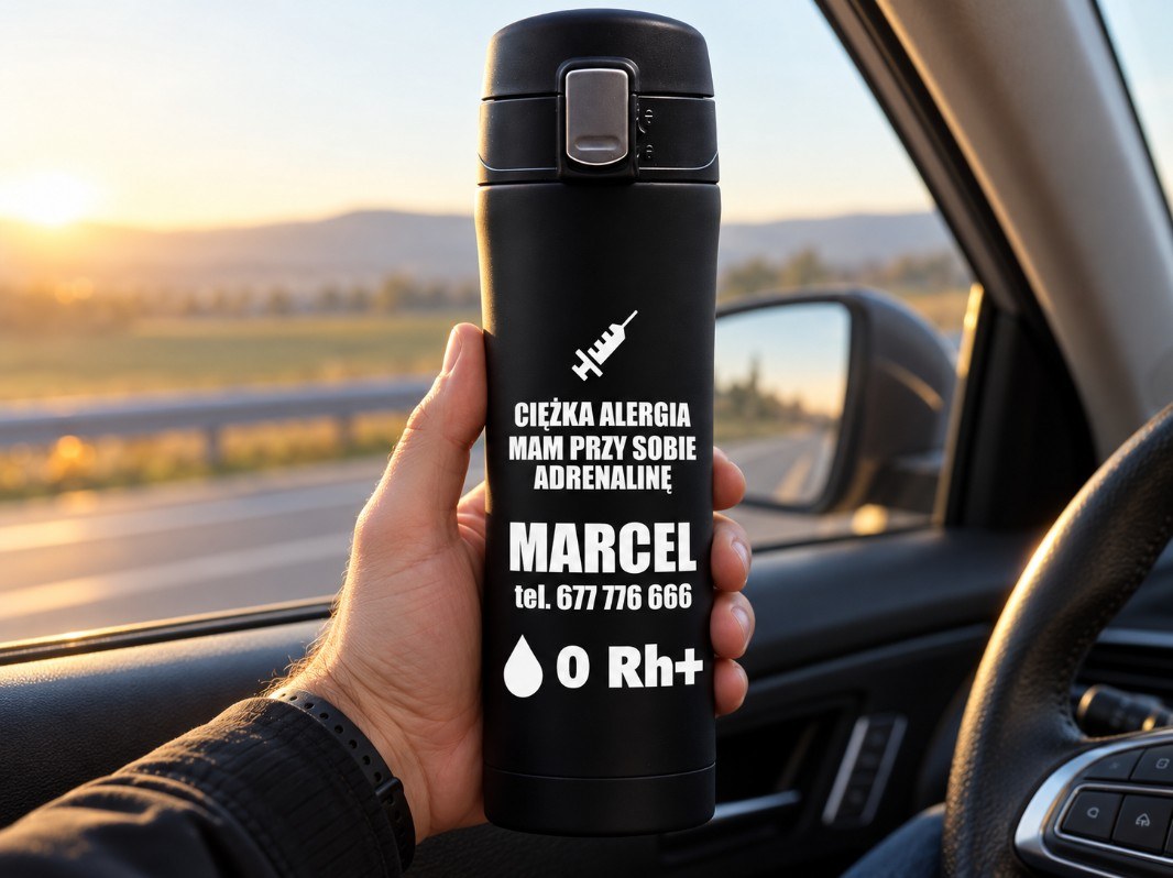 Kubek Termiczny z Grupą Krwi – Ciężka alergia, mam przy sobie adrenalinę – zdjęcie lifestyle