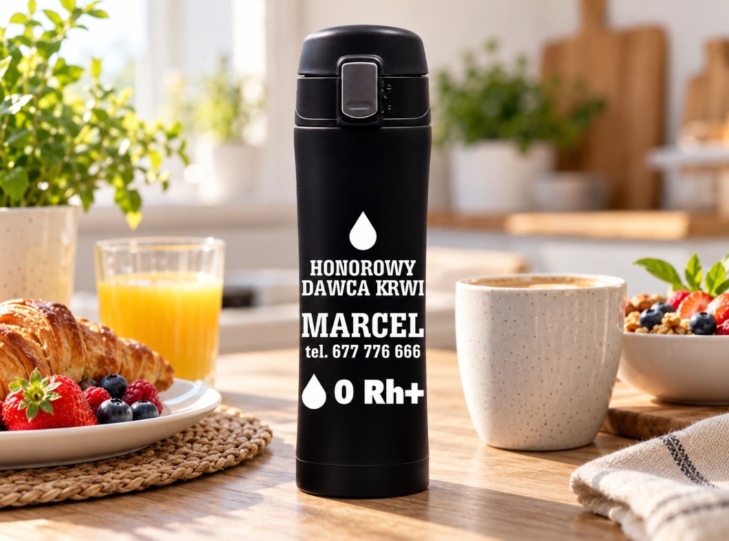 Kubek Termiczny z Grupą Krwi – Honorowy dawca krwi – zdjęcie lifestyle
