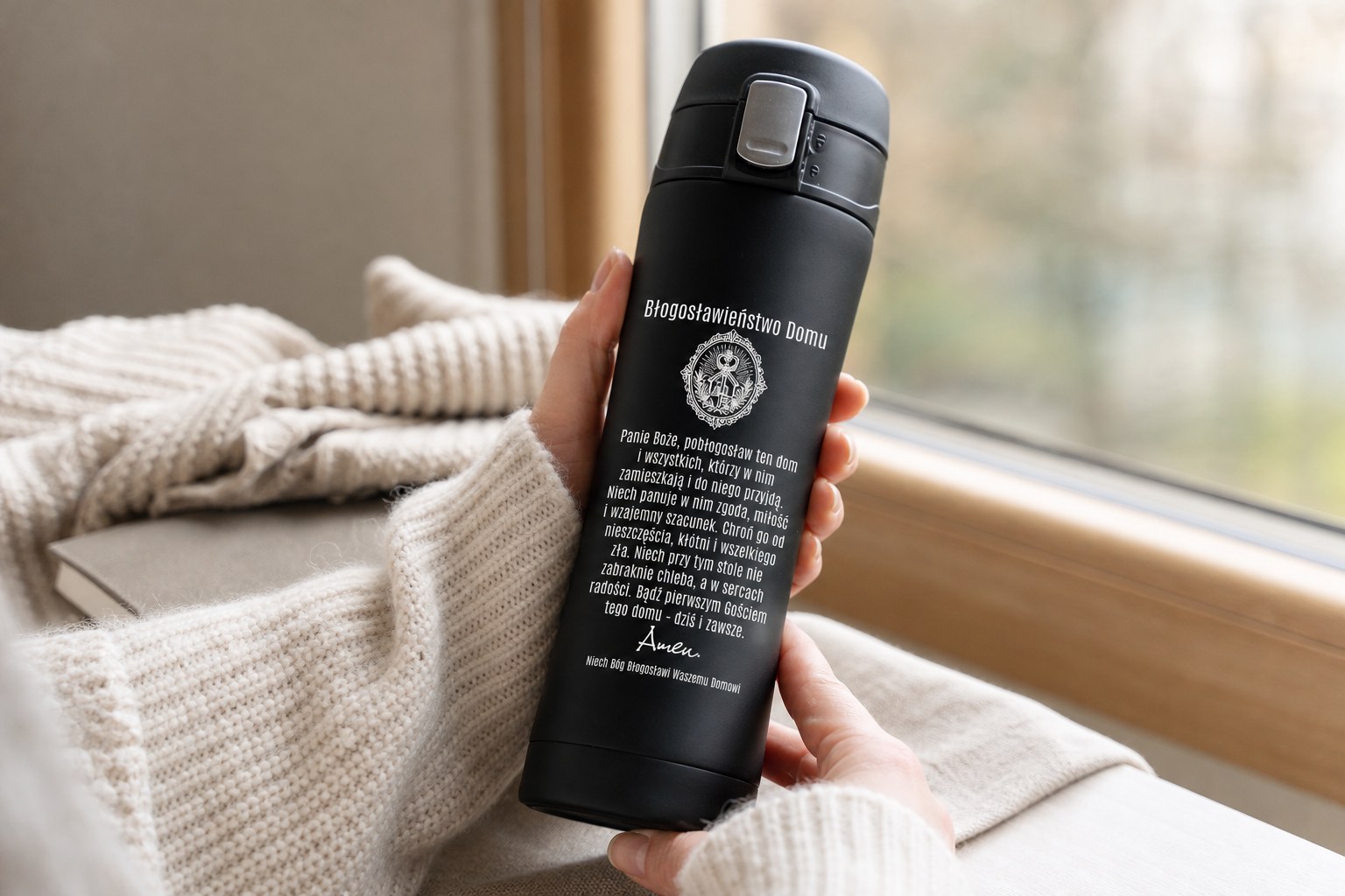 Kubek termiczny 400 ml z modlitwą – Błogosławieństwo Domu – zdjęcie lifestyle